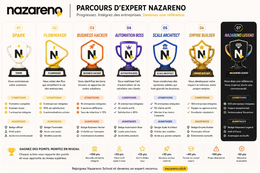 Infographie du parcours d'expert Nazareno : 7 niveaux de Spark à Nazareno Legend, avec conditions, avantages et système de points
